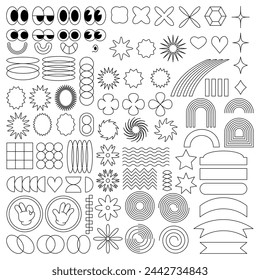 Set of geometric figures, shapes, stars, spirals, flowers and other elements. Contour. Vintage shapes, groovy, retro poster.  Character design, eyes, mouth, hands. Swiss design aesthetic