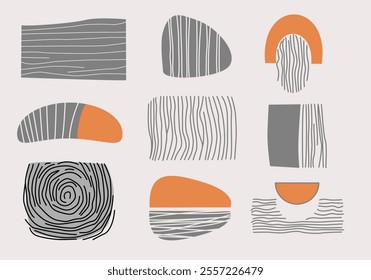 Set geometric figures in trendy boho style. Linear boho style waves and shapes set. Minimalistic design elements for modern templates. Aesthetic contemporary stripe line art