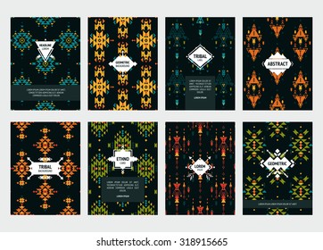 Set of Geometric flayers with abstract labels and Ethnic patterns. Templates for design posters, flyers, cards and placards.