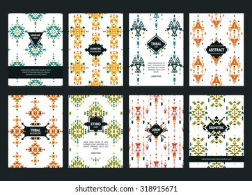 Set of Geometric flayers with abstract labels and Ethnic patterns. Templates for design posters, flyers, cards and placards.