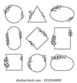 Set of geometric floral frame, border with leaves, wreaths, flower elements. Hand drawn sketch pencil style. Perfect for invitation, greeting card, social media, blog