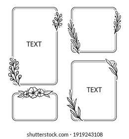 Set of geometric floral frame, border with leaves, wreaths, flower elements. Hand drawn sketch pencil style. Perfect for invitation, greeting card, social media, blog