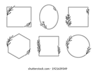 Set of geometric floral frame, border with leaves, wreaths, flower elements. Hand drawn sketch pencil style. Perfect for invitation, greeting card, social media, blog