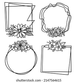 Set of geometric floral frame, border with leaves, wreaths, flower elements. Hand drawn sketch pencil style. Perfect for invitation, greeting card, social media, blog.Cut and print file svg