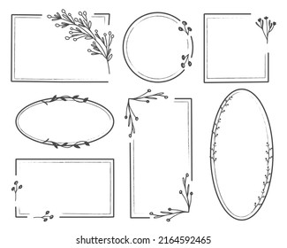 Set of geometric floral frame, border with leaves, berries, floral elements. Template for photo frame, invitation, greeting card, social media, blog. hand drawn