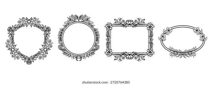 Conjunto de moldura floral geométrica, borda com folhas, coroas, elementos de flor. Desenho à mão desenho lápis estilo vetor ilustração