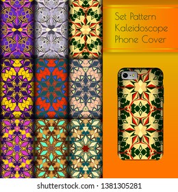Set of geometric floral pattern. Phone case, cell phone cover, gift paper, diary case, cloth, silk scarf. Color solutions. Geometric color background. Neon. Kaleidoscope.