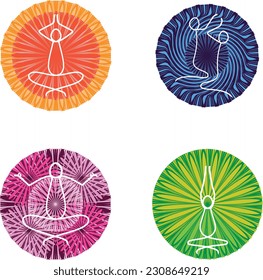 Set of geometric floral patterns with  separate yoga characters overlaid