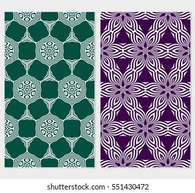 set of geometric floral seamless pattern. Luxury texture for wallpaper, invitation. Vector illustration. green, purple background