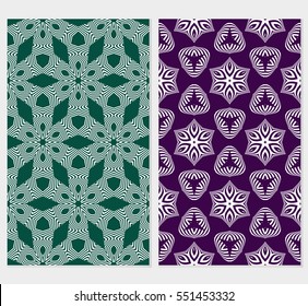 set of geometric floral seamless pattern. Luxury texture for wallpaper, invitation. Vector illustration. green, purple background