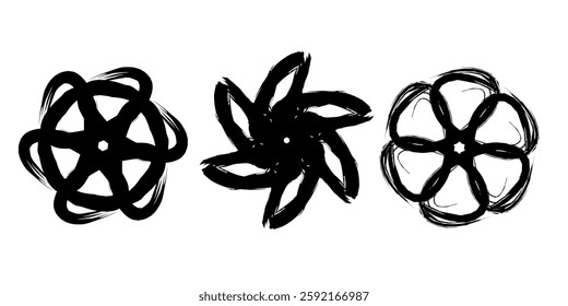 Set of geometric floral symbols in rough sketch style, ideal for minimalist and artistic concepts.