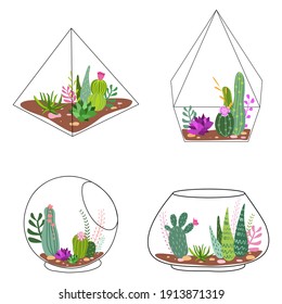 Set of geometric florariums. Geometric terrariums set with plants, succulents and cactus. Scandinavian style home decor. Glass crystal florariums isolated on white background.