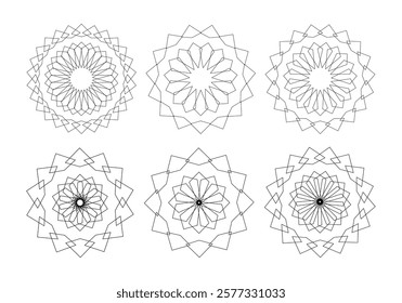 Set Geometric Flower Mandala in arabic style. Sacred Geometry.   Logo business Concept for luxury products, hotels, boutiques, jewelry, oriental cosmetics, restaurants, shops, stores. Vector isolated 