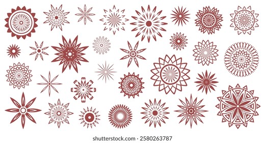 Set of geometric flowers isolated on white background, stylized flowers, round ethnic elements, vector design