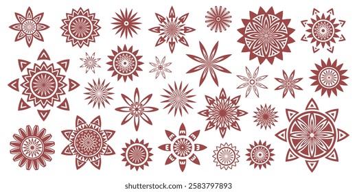 Set of geometric flowers isolated on white background, stylized flowers, round ethnic elements, vector design