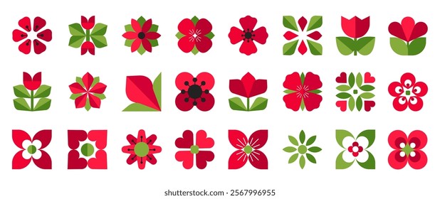 Set of geometric flowers with leaves for abstract designs, patterns, logo, decor, and other projects