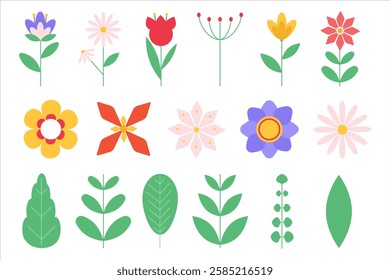 Set of geometric flowers, leaves and branches. Vector illustration.