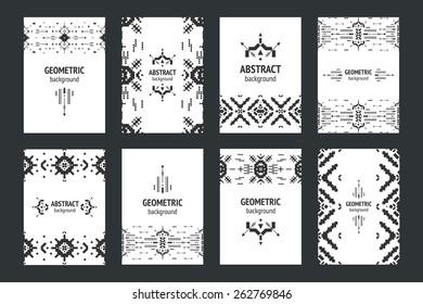 Set of geometric flyers, hipster background with tribal elements, arrows, triangular. Business brochure design templates