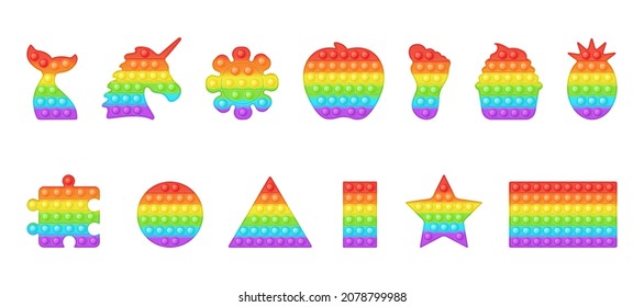 Set of geometric and food forms pop it a trendy rainbow fidget toys. Addictive anti stress toy in bright colors. Bubble sensory fashionable popit for kids. Vector illustration isolated on a white.