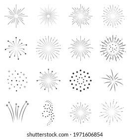 Set geometric form fireworks in simple style. Abstract shape creative frames for print and design. Vector illustration, isolated black elements on a white background. Pyrotechnics for a holiday