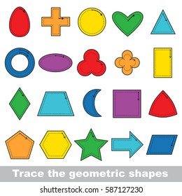 Set of geometric forms. Dot to dot educational game for kids. Tracing worksheet to learn geometric shapes.