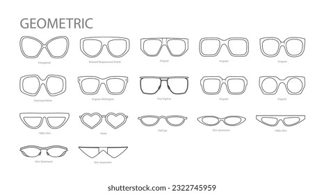 Set von geometrischer Rahmen Brille Mode Accessoire Illustration. Sonnenbrillen-Frontansicht für Männer, Frauen, unisex-Silhouette-Stil, flache Felgenbrille mit Brille im Stil der Objektivskizze einzeln