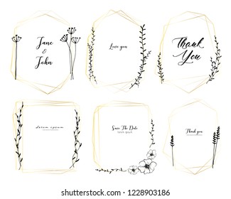 Set of geometric frame, Hand drawn flowers, Botanical composition, Decorative element for wedding card, Invitations Vector illustration.