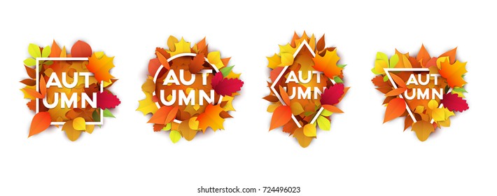 Set of geometric frames or banner with colorful autumn fall foliage in paper cut style. Template background for branding, advertising, promote, coupon, voucher. Vector illustration.