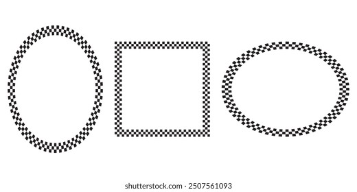 Set of geometric frames with checkered print isolated on white background. Oval and square forms with black and white checkerboard, rally flag or chess game plane pattern. Vector graphic illistration.