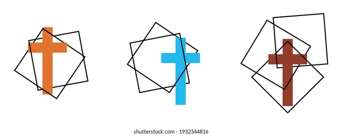 Set of geometric frames with christian cross. Christian cross icon. Isolated banners. Vector illustration.