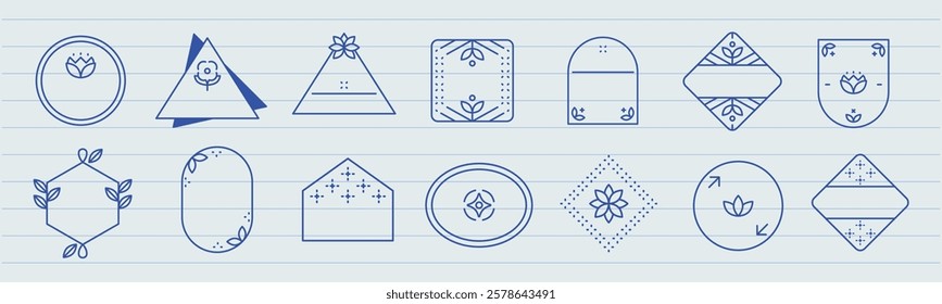 Set of geometric frames with floral designs. Includes triangles, circles, and hexagons. Floral elements in each frame. Perfect for decorative projects. Element with copy space, vector set.