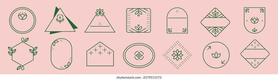 Set of geometric frames with floral designs. Includes circles, triangles, and ovals. Floral elements in each frame. Geometric and floral style combined. Element with copy space, vector set.