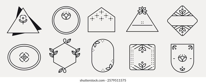 Set of geometric frames with floral designs. Includes triangles, circles, hexagons, and ovals. Minimalist floral frames for elegant design projects. Element with copy space, vector set.