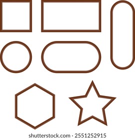 Set of geometric frames including squares, circles, ovals, stars, and hexagons with minimal design and clean outlines for modern graphic templates, decorative elements, layouts, creative projects.