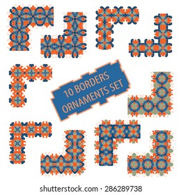 Set of geometric frames patterns. Ten stylish borders ornaments in the form of linear and corner elements from which you can create frames and background.