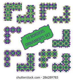 Set of geometric frames patterns. Ten stylish borders ornaments in the form of linear and corner elements from which you can create frames and background.