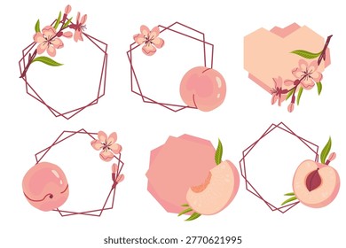 Set of geometric frames with peach, peach flower and peach tree branch. Polygonal elegant label frames. Vector illustration in flat style