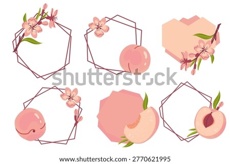 Set of geometric frames with peach, peach flower and peach tree branch. Polygonal elegant label frames. Vector illustration in flat style