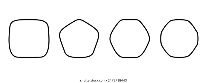 Satz geometrischer Rahmen mit abgerundeten Ecken. Quadratische, fünfeckige, sechseckige und achteckige Formen auf weißem Hintergrund. Gliederungsanzeige der Vektorgrafik.