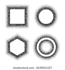Set of geometric frames of various shapes with black grainy texture isolated on white background. Dust overlay. Charcoal splashes