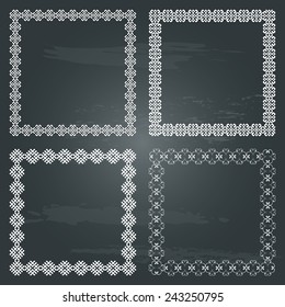Set of geometric frames in white color isolated on chalkboard background. Four square with ethnic borders. For your design, text or photo. Vector illustration. 