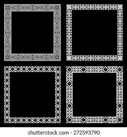 Set of geometric frames in white color isolated on black background. Four square with ethnic borders. For your design, text or photo. Vector illustration.