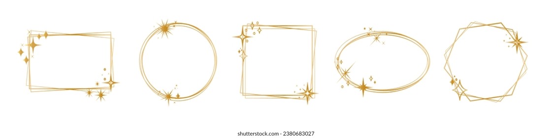 Set of geometric gold frame with a golden sparkles. Gold glitter abstract golden frames.Luxury golden borders. Frame with glitter and stars for logo, icon, vip card, gift.