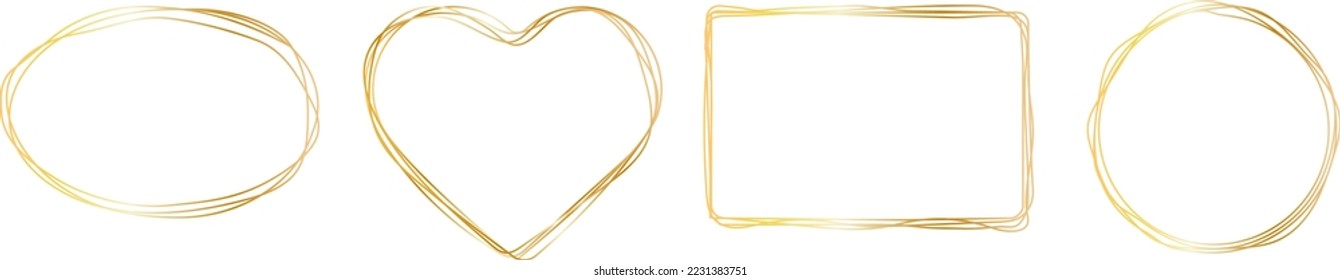 Set of geometric gold frame isolated on white.Golden Geometrical frames.Simple abstract golden heart frame.Set of luxury gold frames collection.Set of round,square,oval ,heart frames.Wedding elements