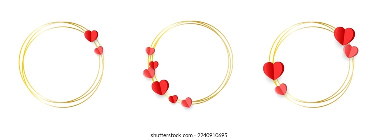 Set of geometric gold frame isolated on white.Golden Geometrical frames.Simple abstract golden round frames with a hearts.Set of luxury gold circle frames collection.Valentine day heart frames.