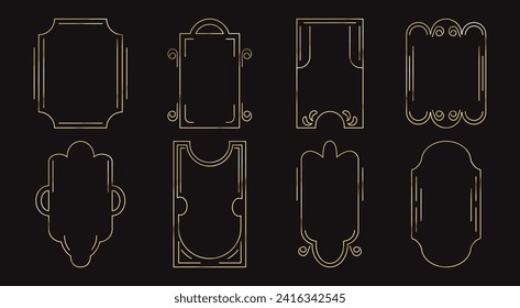 Set of geometric gold frames in deco style. Arch with zigzags, circles. Retro abstract illustration for web design, posters, social media.