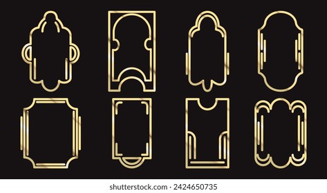 Set of geometric gold frames in deco style. Figures with sparks, zigzags, circles. Vector illustration for web design, posters, social media.