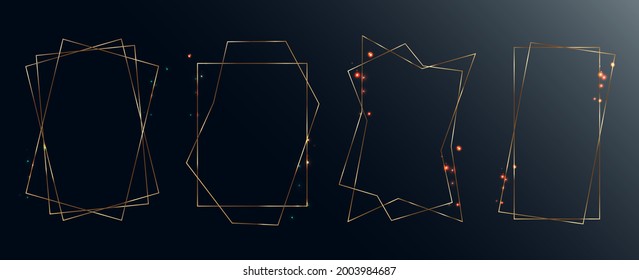 Set of geometric gold frames. Flashes of fire and light. Shiny gold on the edges and curves. Great design for any purpose. Dark background. Curb design. Vector image.
