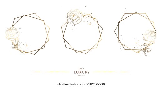 Reihe von geometrischen goldenen Rahmen mit Torfknospen. Schlichtes Gold um die Kanten. Großartiges Design für jeden Zweck. Weißer Hintergrund. Grenzdesign. Vektorbild.