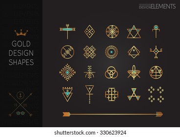 Conjunto de formas geométricas de oro. Iconos y logotipos de moda. tatuaje lineal